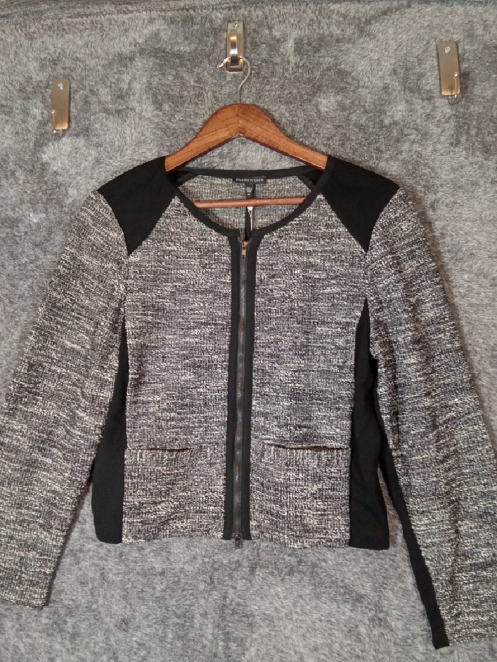 Eileen Fisher Tweed Full Zip Jacket Ponte Knit Cropped Italian Fabric Quiet Lux